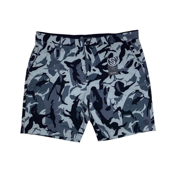 NWT Men's Scales Gray Fish Camo Frigate Performance Shorts Size 40x9 - Picture 1 of 5